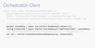 Orchestration Client
public static async Task<HttpResponseMessage> Run(
[HttpTrigger(AuthorizationLevel.Function, methods: "post",
Route = "orchestrators/{functionName}")] HttpRequestMessage req,
[OrchestrationClient] DurableOrchestrationClientBase starter, ILogger log)
{
// Function input comes from the request content.
dynamic eventData = await req.Content.ReadAsAsync<object>();
string instanceId = await starter.StartNewAsync("myOrchestrator", eventData);
log.LogInformation($"Started orchestration with ID = '{instanceId}'.");
var res = starter.CreateCheckStatusResponse(req, instanceId);
return res;
}
 