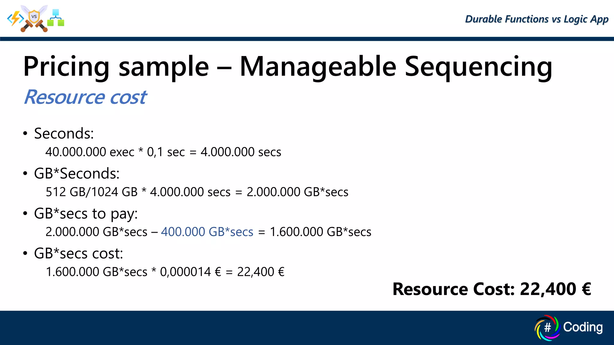 Pricing sample – Manageable Sequencing
• Seconds:
40.000.000 exec * 0,1 sec = 4.000.000 secs
• GB*Seconds:
512 GB/1024 GB * 4.000.000 secs = 2.000.000 GB*secs
• GB*secs to pay:
2.000.000 GB*secs – 400.000 GB*secs = 1.600.000 GB*secs
• GB*secs cost:
1.600.000 GB*secs * 0,000014 € = 22,400 €
Durable Functions vs Logic App
Resource Cost: 22,400 €
Resource cost
 