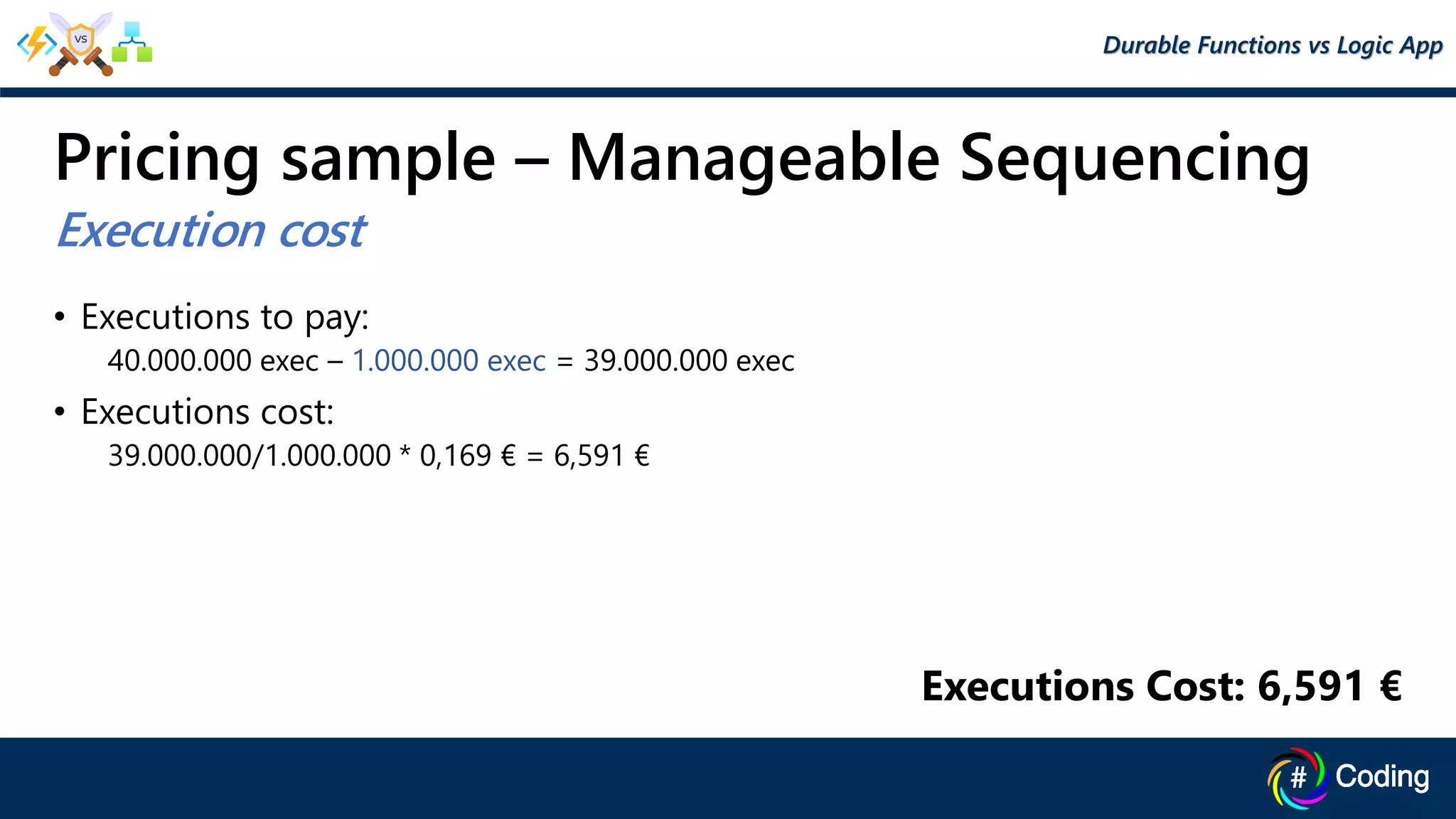 Pricing sample – Manageable Sequencing
• Executions to pay:
40.000.000 exec – 1.000.000 exec = 39.000.000 exec
• Executions cost:
39.000.000/1.000.000 * 0,169 € = 6,591 €
Durable Functions vs Logic App
Executions Cost: 6,591 €
Execution cost
 