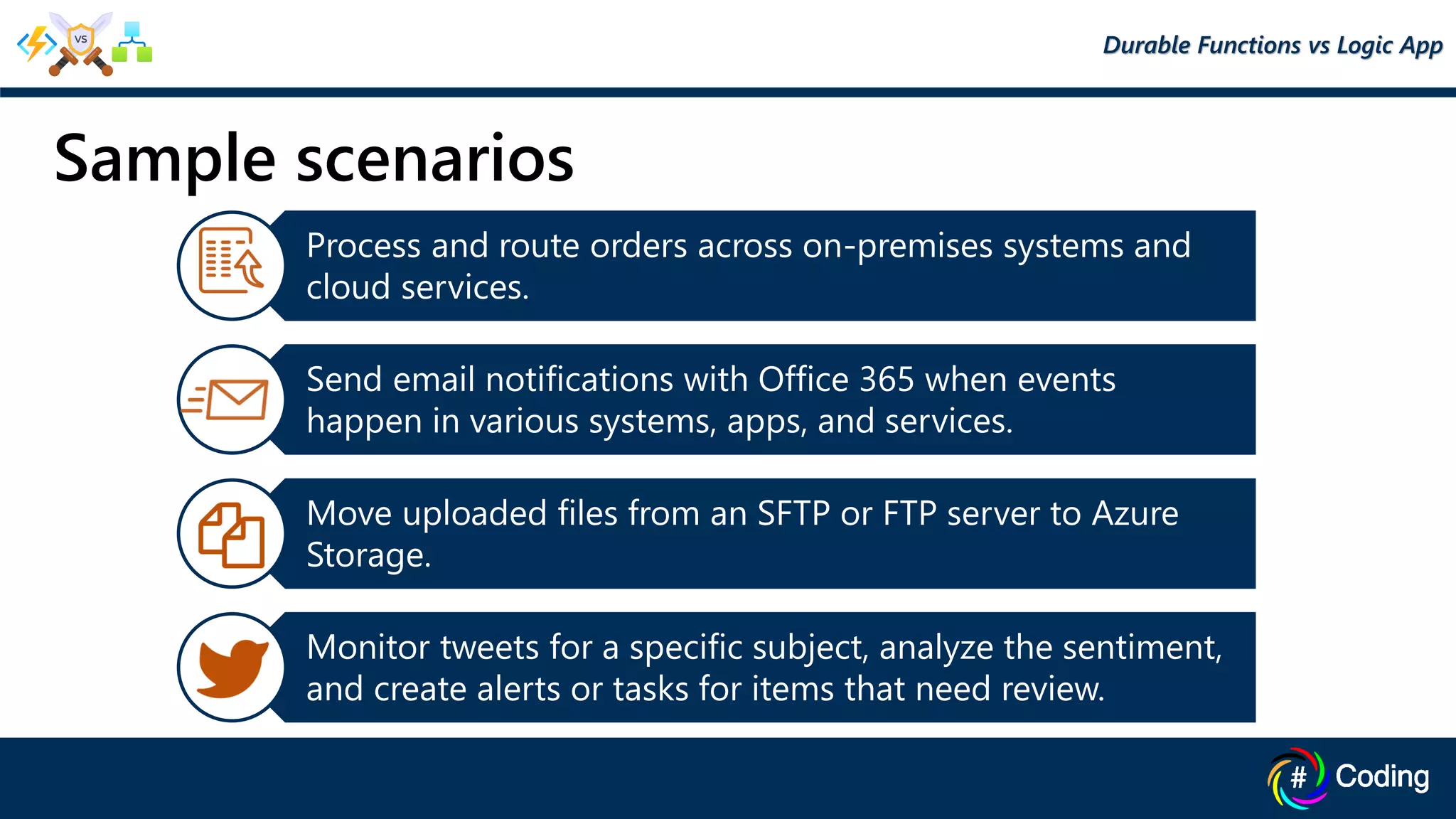Sample scenarios
Process and route orders across on-premises systems and
cloud services.
Send email notifications with Office 365 when events
happen in various systems, apps, and services.
Move uploaded files from an SFTP or FTP server to Azure
Storage.
Monitor tweets for a specific subject, analyze the sentiment,
and create alerts or tasks for items that need review.
Durable Functions vs Logic App
 