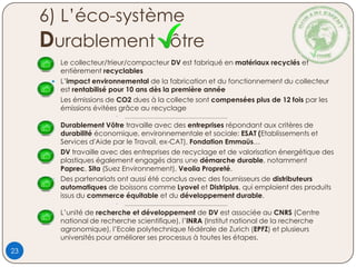 6) L’éco-système
Durablement ôtre
 Le collecteur/trieur/compacteur DV est fabriqué en matériaux recyclés et
entièrement recyclables
 L’impact environnemental de la fabrication et du fonctionnement du collecteur
est rentabilisé pour 10 ans dès la première année
Les émissions de CO2 dues à la collecte sont compensées plus de 12 fois par les
émissions évitées grâce au recyclage
• ____________________________________________________
 Durablement Vôtre travaille avec des entreprises répondant aux critères de
durabilité économique, environnementale et sociale: ESAT (Etablissements et
Services d'Aide par le Travail, ex-CAT), Fondation Emmaüs…
 DV travaille avec des entreprises de recyclage et de valorisation énergétique des
plastiques également engagés dans une démarche durable, notamment
Paprec, Sita (Suez Environnement), Veolia Propreté.
 Des partenariats ont aussi été conclus avec des fournisseurs de distributeurs
automatiques de boissons comme Lyovel et Distriplus, qui emploient des produits
issus du commerce équitable et du développement durable.
• ____________________________________________________
 L’unité de recherche et développement de DV est associée au CNRS (Centre
national de recherche scientifique), l’INRA (Institut national de la recherche
agronomique), l’Ecole polytechnique fédérale de Zurich (EPFZ) et plusieurs
universités pour améliorer ses processus à toutes les étapes.
23
 