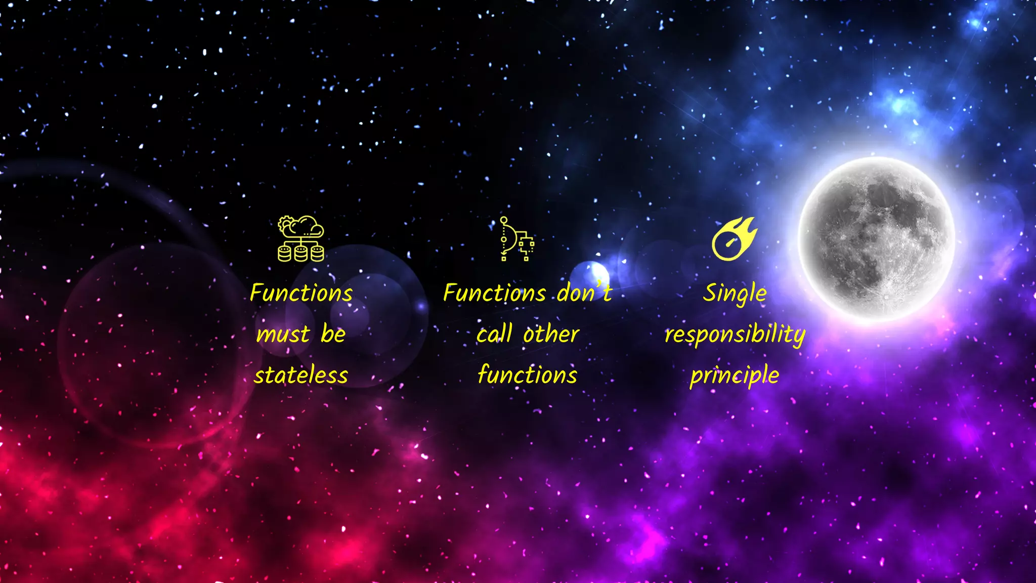 Functions
must be
stateless
Functions don’t
call other
functions
Single
responsibility
principle
 