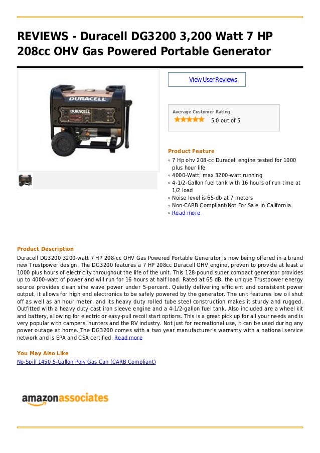 Duracell dg3200 3,200 watt 7 hp 208cc ohv gas powered portable generator