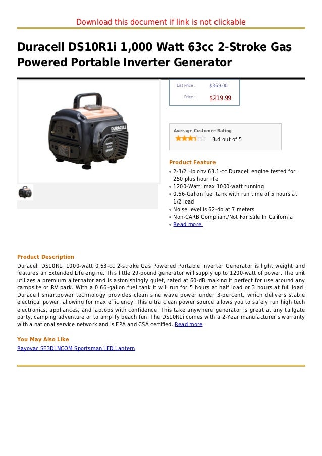 Duracell ds10 r1i 1,000 watt 63cc 2 stroke gas powered portable