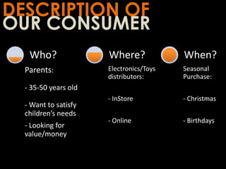 DESCRIPTION OF
OUR CONSUMER
Parents:
- 35-50 years old
- Want to satisfy
children’s needs
- Looking for
value/money
Who?
Electronics/Toys
distributors:
- InStore
- Online
Where?
Seasonal
Purchase:
- Christmas
- Birthdays
When?
 