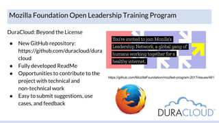 Mozilla Foundation Open Leadership Training Program
DuraCloud: Beyond the License
● New GitHub repository:
https://github....