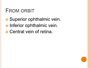 FROM ORBIT
 Superior ophthalmic vein.
 Inferior ophthalmic vein.
 Central vein of retina.
 