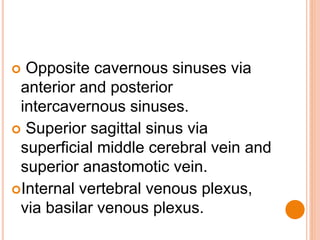  Opposite cavernous sinuses via
anterior and posterior
intercavernous sinuses.
 Superior sagittal sinus via
superficial middle cerebral vein and
superior anastomotic vein.
Internal vertebral venous plexus,
via basilar venous plexus.
 