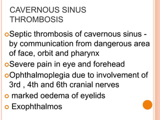CAVERNOUS SINUS
THROMBOSIS
Septic thrombosis of cavernous sinus -
by communication from dangerous area
of face, orbit and pharynx
Severe pain in eye and forehead
Ophthalmoplegia due to involvement of
3rd , 4th and 6th cranial nerves
 marked oedema of eyelids
 Exophthalmos
 