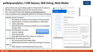 pvlib/pvanalytics / Cliff Hansen, Will Vining, Matt Muller
5
• python library for automating analysis of data from PV systems
• Workflow independent, built up from base functions
• v0.1 released 20 November github.com/pvlib/pvanalytics
• Fully compatible with pvlib/pvlib-python for PV system modeling
Quality control functions
• Plausibility of irradiance and weather measurements
• Identification of missing, interpolated, or stale data
• outlier detection
• Identification of timestamp problems such as daylight
savings shifts
Feature identification functions
• inverter clipping
• clear-sky periods
• day/night detection from power or irradiance
Identification of system properties
• tilt and azimuth from power data
• differentiation between fixed and tracking PV systems
Metrics
• NREL weather corrected performance ratio
v0.1 Content
Core
 