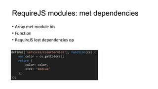 RequireJS modules: met dependencies
• Array met module ids
• Function
• RequireJS lost dependencies op

 