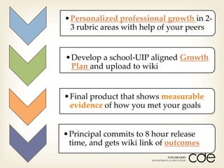 •Personalized professional growth in 23 rubric areas with help of your peers

•Develop a school-UIP aligned Growth
Plan and upload to wiki

•Final product that shows measurable
evidence of how you met your goals

•Principal commits to 8 hour release
time, and gets wiki link of outcomes

 
