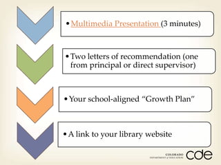 •Multimedia Presentation (3 minutes)

•Two letters of recommendation (one
from principal or direct supervisor)

•Your school-aligned “Growth Plan”

•A link to your library website

 