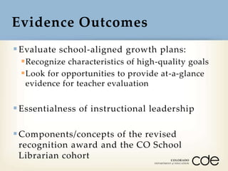Evidence Outcomes
 Evaluate school-aligned growth plans:
 Recognize characteristics of high-quality goals
 Look for opportunities to provide at-a-glance
evidence for teacher evaluation

 Essentialness of instructional leadership

 Components/concepts of the revised
recognition award and the CO School
Librarian cohort

 
