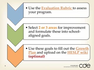 • Use the Evaluation Rubric to assess
your program.

• Select 2 or 3 areas for improvement
and formulate these into schoolaligned goals.

• Use these goals to fill out the Growth
Plan and upload on the HESLP wiki
(optional)
8

 