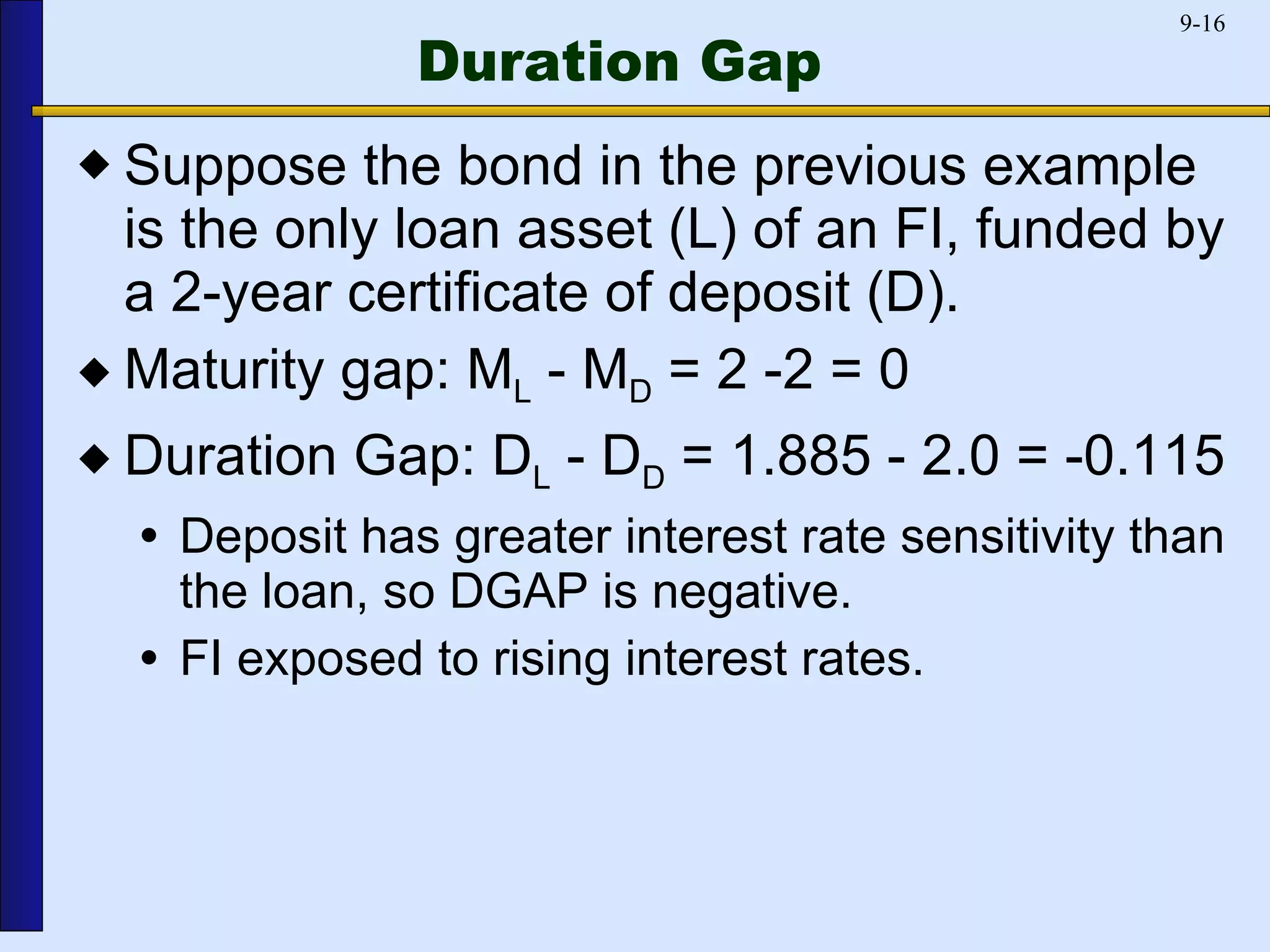 Duration Gap Suppose the bond in the previous example is the only loan asset (L) of an FI, funded by a 2-year certificate of deposit (D).  Maturity gap: M L  - M D  = 2 -2 = 0 Duration Gap: D L  - D D  = 1.885 - 2.0 = -0.115 Deposit has greater interest rate sensitivity than the loan, so DGAP is negative.  FI exposed to rising interest rates. 