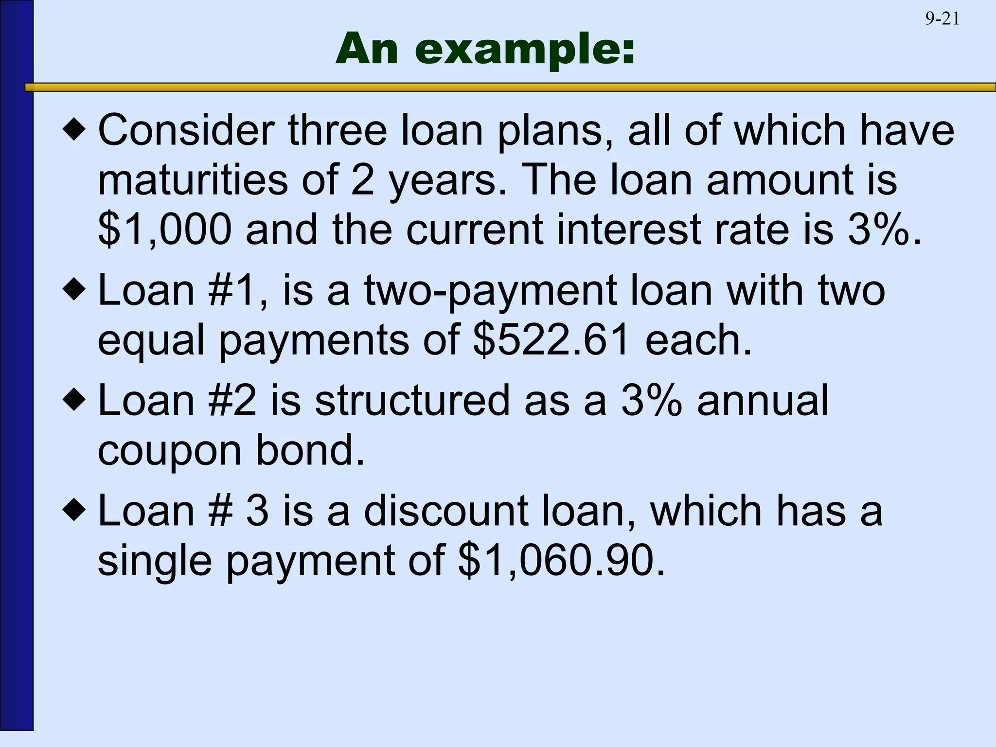 An example: Consider three loan plans, all of which have maturities of 2 years. The loan amount is $1,000 and the current interest rate is 3%.  Loan #1, is a two-payment loan with two equal payments of $522.61 each.  Loan #2 is structured as a 3% annual coupon bond.  Loan # 3 is a discount loan, which has a single payment of $1,060.90.  