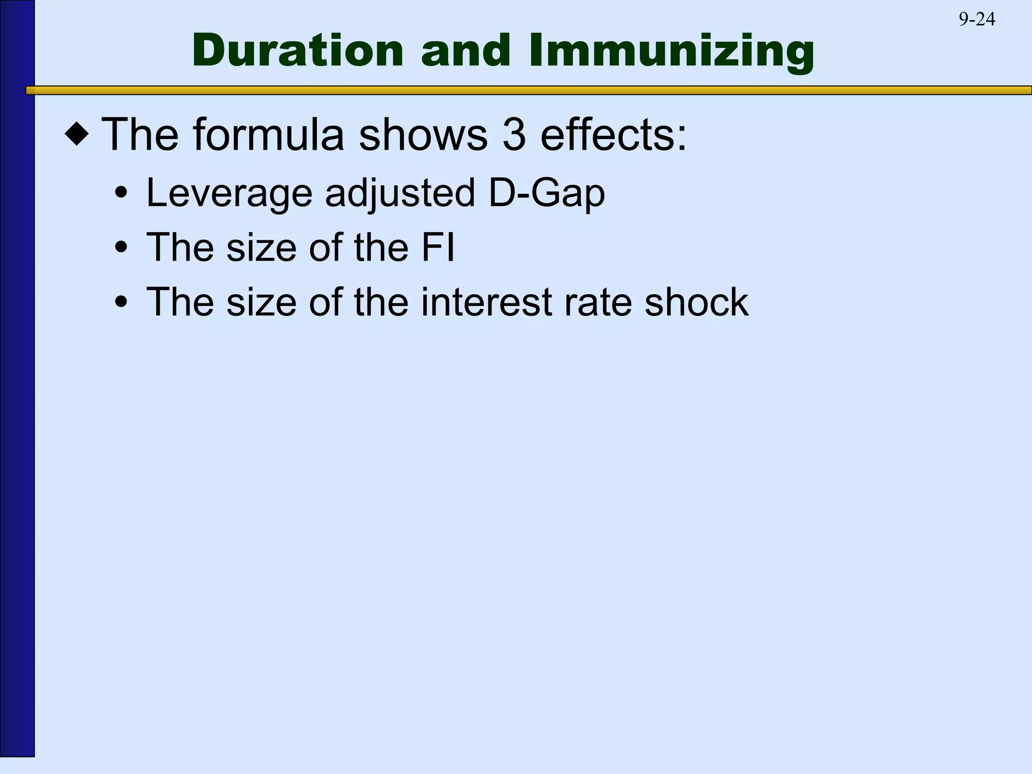 Duration and Immunizing The formula shows 3 effects: Leverage adjusted D-Gap The size of the FI The size of the interest rate shock 