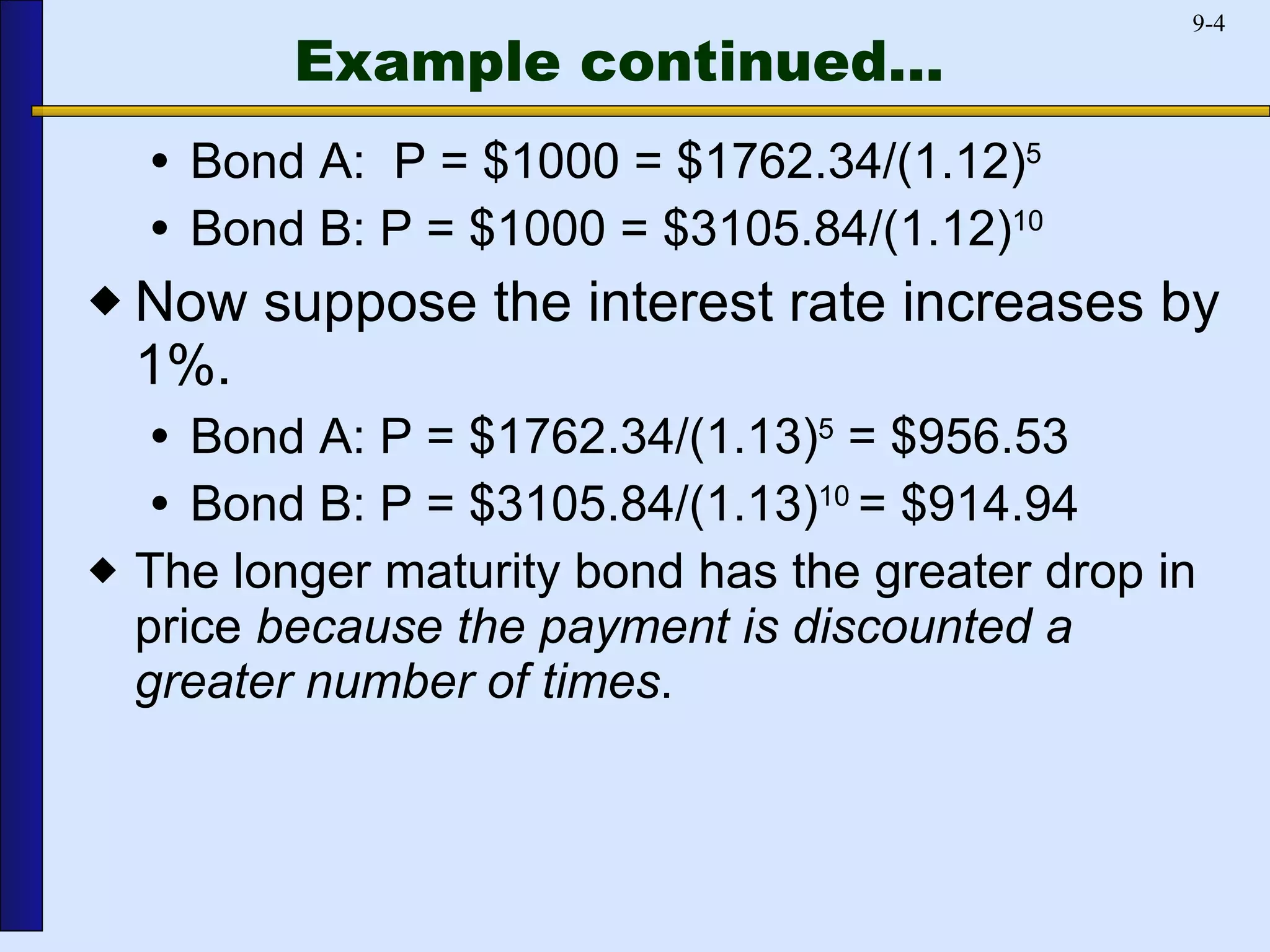 Example continued... Bond A:  P = $1000 = $1762.34/(1.12) 5   Bond B: P = $1000 = $3105.84/(1.12) 10 Now suppose the interest rate increases by 1%.  Bond A: P = $1762.34/(1.13) 5  = $956.53 Bond B: P = $3105.84/(1.13) 10  = $914.94 The longer maturity bond has the greater drop in price  because the payment is discounted a greater number of times . 