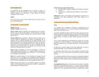 G
G
GE
E
EN
N
NE
E
ER
R
RA
A
AL
LI
ID
D
DA
A
AD
D
DE
E
ES
S
S
LI
Í Í
I I I
.
Las preferencias de los consumidores por el color de la carne y el
pretendido uso del fruto (mercado en fresco, enlatado, congelación o
secado) contribuyen a la diversidad y al gran número de cultivares
cultivados en todo el mundo.
Origen
Se cree que tuvo su origen en China, debido a que en ése país existe una
gran variabilidad genética.
T
T
TA
A
AX
X
XO
O
ON
N
NO
O
OM
M
MÍ
ÍA
A
A Y
Y
Y M
M
MO
O
OR
R
RF
F
FO
O
OL
L
LO
O
OG
G
GÍ
ÍA
A
A
Familia: Rosaceae
Nombre Científico: Pyrus Pérsica
Tipo de Árbol: Pequeño, caducifolio que puede alcanzar 6 m de altura,
aunque a veces no pasa de talla arbustiva, con la corteza lisa, cenicienta,
que se desprende en láminas. Ramillas lisas, de color verde en el lado
expuesto al sol.
Sistema radicular: Muy ramificado y superficial, que no se mezcla con el
otro pie cuando las plantaciones son densas (el antagonismo que se
establece entre los sistemas radiculares de las plantas próximas es tan
acentuado que induce a las raíces de cada planta a no invadir el terreno de la
planta adyacente). La zona explorada por las raíces ocupa una superficie
mayor que la zona de proyección de la copa: se considera que esta
superficie es por lo menos el doble y en cualquier caso tanto mayor cuanto
menor sea el contenido hídrico en el terreno.
Hojas: Simples, lanceoladas, de 7.5-15 cm. de longitud y 2-3.5 cm. de
anchura, largamente acuminadas, con el margen finamente aserrado. Haz
verde brillante, lampiñas por ambas caras. Pecíolo de 1-1.5 cm. de longitud,
con 2-4 glándulas cerca del limbo.
Flores: Por lo general solitarias, a veces en parejas, casi sentadas, de color
rosa a rojo y 2-3.5 cm. de diámetro. Las variedades de pulpa amarilla se
diferencian de las de pulpa blanca: las hojas de las primeras se colorean de
amarillo intenso o anaranjado claro, las de las segundas de amarillo claro.
Fruto: Drupa de gran tamaño con una epidermis delgada, un mesocarpo
carnoso y un endocarpo de hueso que contiene la semilla. La aparición de
huesos partidos es un carácter varietal.
Existen dos grupos según el tipo de fruto:
• De carne blanda, con pulpa sin adherencia al endocarpo y destino
en fresco.
• De carne dura, con pulpa fuertemente adherida y destino fresco e
industria.
Polinización: Especie autocompatible, quizás autógama, no alternante. La
fecundación tiene lugar normalmente 24-48 horas después de la
polinización.
R
R
RE
E
EQ
Q
QU
U
UE
E
ER
R
RI
I
IM
M
MI
IE
E
EN
N
NT
T
TO
O
OS
S
S E
E
ED
D
DA
A
AF
F
FO
O
OC
C
CL
L
LI
IM
M
MÁ
Á
ÁT
T
TI
IC
C
CO
O
OS
S
S
Clima
Las variedades que se siembran en Honduras se desarrollan bien en
temperaturas promedio de 18°C, en terrenos situados arriba de 1000 metros
sobre el nivel del mar (m.s.n.m.).
Los vientos moderados son útiles cuando no hay frutos, pues provocan una
defoliación artificial. Cuando hay frutas, los vientos suaves drenan las copas
de los árboles y disminuyen la humedad ambiente. Los vientos fuertes
pueden derribar la cosecha. Se deben sembrar tapavientos en todos los
casos.
La luz es imprescindible para que los melocotoneros tomen color. Una poda
que elimine el exceso de follaje en el interior del árbol, será útil para
permitir la entrada de luz, lo cual beneficiará además el estado fitosanitario
del árbol
Se debe tener en especial cuidado con las zonas donde todos los años se
presentan granizadas, ya que éstas dañan los pequeños frutos.
Es importante elegir terrenos con la mayor cantidad de radiación solar
posible, ya que la luz solar favorece la formación de frutos de calidad
superior.
La existencia de neblinas o la falta de una época seca definida es perjudicial
para el árbol porque la fruta es muy susceptible a pudriciones (botritis y
monilia entre otros) y además, el árbol es infestado fácilmente por musgos y
líquenes.
Suelos
Las propiedades físicas: Para el buen desarrollo de la planta es preferible
seleccionar suelos profundos (mayores de 1 metro) y con un adecuado
drenaje natural para evitar encharcamientos, un buen contenido de materia
orgánica (3 a 5%) y una textura franco-arcillosa. La mayoría de los suelos
3
 