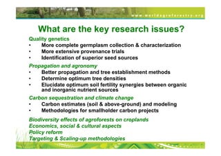 What are the key research issues?
Quality genetics
•    More complete germplasm collection & characterization
•    More extensive provenance trials
•    Identification of superior seed sources
Propagation and agronomy
•   Better propagation and tree establishment methods
•   Determine optimum tree densities
•   Elucidate optimum soil fertility synergies between organic
    and inorganic nutrient sources
Carbon sequestration and climate change
•   Carbon estimates (soil & above-ground) and modeling
•   Methodologies for smallholder carbon projects
Biodiversity effects of agroforests on croplands
Economics, social & cultural aspects
Policy reform
Targeting & Scaling-up methodologies
 