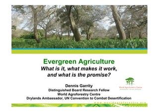 Evergreen Agriculture
        What is it, what makes it work,
         and what is the promise?

                      Dennis Garrity
           Distinguished Board Research Fellow
                 World Agroforestry Centre
Drylands Ambassador, UN Convention to Combat Desertification
 