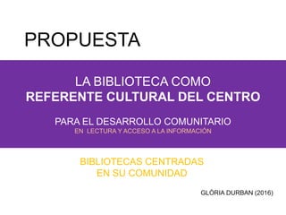PROPUESTA
LA BIBLIOTECA COMO
REFERENTE CULTURAL DEL CENTRO
PARA EL DESARROLLO COMUNITARIO
EN LECTURA Y ACCESO A LA INFORMACIÓN
BIBLIOTECAS CENTRADAS
EN SU COMUNIDAD
GLÒRIA DURBAN (2016)
 
