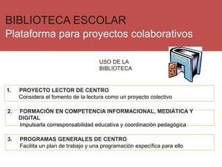 1. PROYECTO LECTOR DE CENTRO
Considera el fomento de la lectura como un proyecto colectivo
2. FORMACIÓN EN COMPETENCIA INFORMACIONAL, MEDIÁTICA Y
DIGITAL
Impulsarla corresponsabilidad educativa y coordinación pedagógica
3. PROGRAMAS GENERALES DE CENTRO
Facilita un plan de trabajo y una programación específica para ello
BIBLIOTECA ESCOLAR
Plataforma para proyectos colaborativos
USO DE LA
BIBLIOTECA
 