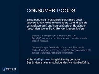 Consumer GoodsEinzelhandels-Shops leiden gleichzeitig unter ausverkauften Artikeln (besonders wenn diese oft verkauft werden) und überschüssigen Beständen (besonders wenn die Artikel weniger gut laufen).Meistens sind genügend Bestände in der SupplyChain – nur nicht immer dort, wo der Kunde kaufen möchte.Überschüssige Bestände müssen mit Discounts verkauft werden – mit der Tendenz, andere (potenziell besser laufende) Artikel zu blockieren.Hohe Verfügbarkeit bei gleichzeitig geringen Beständen ist ein entscheidendes Kundenbedürfnis.