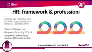 HR: framework & professioni
In alcuni casi i processi sono
più veloci e possono essere
impostati secondo sprint:
- Sourcer (Tech or not)
- Employer Branding / Event
- Employee Referral Exp
- Culture &Experience Exp
Alessandro Durello – Digital HR
 