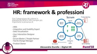 HR: framework & professioni
Con l’integrazione dei sistemi in
piattaforme HCMin HRè sempre più
importante la presenza di:
- HRIS
- IntegrationandUsability Expert
- Data Visualization
- User InteractionDesigner
- DEV
- ScrumMaster / People Partner
- Tool &ChangeManager
- Product Owner
Alessandro Durello – Digital HR
 