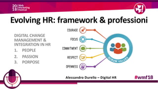 Evolving HR: framework & professioni
DIGITAL CHANGE
MANAGEMENT &
INTEGRATION IN HR
1. PEOPLE
2. PASSION
3. PORPOSE
Alessandro Durello – Digital HR
 