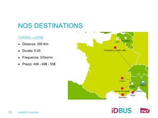 DURANTE IL VIAGGIO
13
NOS DESTINATIONS
TORINO - LIONE
 Distanza: 305 Km
 Durata: 5:25
 Frequenza: 3/Giorno
 Prezzi: 45€ - 49€ - 55€
 
