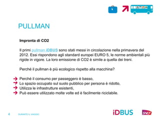 DURANTE IL VIAGGIO
4
PULLMAN
Impronta di CO2
Il primi pullman iDBUS sono stati messi in circolazione nella primavera del
2012. Essi rispondono agli standard europei EURO 5, le norme ambientali più
rigide in vigore. La loro emissione di CO2 è simile a quella dei treni.
Perché il pullman è più ecologico rispetto alla macchina?
Perché il consumo per passeggero è basso,
Lo spazio occupato sul suolo pubblico per persona è ridotto,
Utilizza le infrastrutture esistenti,
Può essere utilizzato molte volte ed è facilmente riciclabile.
 