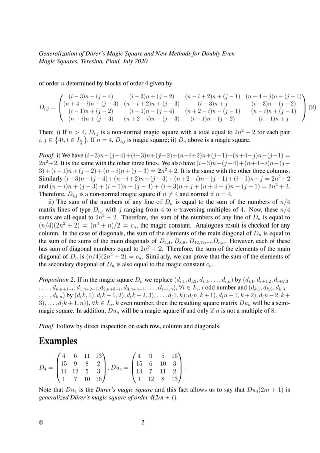 Generalization of Dürer's Magic Square and New Methods for Doubly Even ...