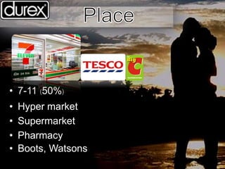 • 7-11 (50%)
• Hyper market
• Supermarket
• Pharmacy
• Boots, Watsons
 