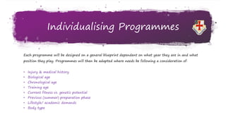 Individualising Programmes
Each programme will be designed on a general blueprint dependent on what year they are in and what
position they play. Programmes will then be adapted where needs be following a consideration of:
• Injury & medical history
• Biological age
• Chronological age
• Training age
• Current fitness vs. genetic potential
• Previous (summer) preparation phase
• Lifestyle/ academic demands
• Body type
 