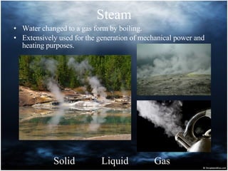 Steam Water changed to a gas form by boiling. Extensively used for the generation of mechanical power and heating purposes.  Solid Liquid Gas 