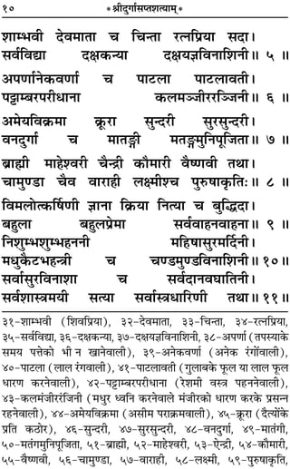 10 *üÊËŒÈªÊ¸‚åÃ‡ÊàÿÊ◊˜*
‡ÊÊê÷ﬂË Œﬂ◊ÊÃÊ ø ÁøãÃÊ ⁄UàŸÁ¬˝ÿÊ ‚ŒÊ–
‚ﬂ¸ÁﬂlÊ ŒˇÊ∑§ãÿÊ ŒˇÊÿôÊÁﬂŸÊÁ‡ÊŸËH 5 H
•¬áÊÊ¸Ÿ∑§ﬂáÊÊ¸ ø ¬Ê≈U‹Ê ¬Ê≈U‹ÊﬂÃË–
¬^Êê’⁄U¬⁄UËœÊŸÊ ∑§‹◊Ü¡Ë⁄U⁄UÁÜ¡ŸËH 6 H
•◊ÿÁﬂ∑˝§◊Ê ∑˝Í§⁄UÊ ‚ÈãŒ⁄UË ‚È⁄U‚ÈãŒ⁄UË–
ﬂŸŒÈªÊ¸ ø ◊ÊÃXË ◊ÃX◊ÈÁŸ¬ÍÁ¡ÃÊH 7 H
’˝ÊrÊË ◊Ê„Ô‡ﬂ⁄UË øÒãº˝Ë ∑§ı◊Ê⁄UË ﬂÒcáÊﬂË ÃÕÊ–
øÊ◊Èá«UÊ øÒﬂ ﬂÊ⁄UÊ„ÔË ‹ˇ◊Ë‡ø ¬ÈL§·Ê∑Î§ÁÃ—H 8 H
Áﬂ◊‹Ùà∑§Ì·áÊË ôÊÊŸÊ Á∑˝§ÿÊ ÁŸàÿÊ ø ’ÈÁhŒÊ–
’„ÈÔ‹Ê ’„ÈÔ‹¬˝◊Ê ‚ﬂ¸ﬂÊ„ÔŸﬂÊ„ÔŸÊH 9 H
ÁŸ‡ÊÈê÷‡ÊÈê÷„ÔŸŸË ◊Á„U·Ê‚È⁄U◊ÌŒŸË–
◊äÊÈ∑Ò§≈U÷„ÔãòÊË ø øá«◊Èá«ÁﬂŸÊÁ‡ÊŸËH 10H
‚ﬂÊ¸‚È⁄UÁﬂŸÊ‡ÊÊ ø ‚ﬂ¸ŒÊŸﬂÉÊÊÁÃŸË–
‚ﬂ¸‡ÊÊSòÊ◊ÿË ‚àÿÊ ‚ﬂÊ¸SòÊœÊÁ⁄UáÊË ÃÕÊH 11H
31-‡ÊÊê÷ﬂË (Á‡ÊﬂÁ¬˝ÿÊ), 32-Œﬂ◊ÊÃÊ, 33-ÁøãÃÊ, 34-⁄UàŸÁ¬˝ÿÊ,
35-‚ﬂ¸ÁﬂlÊ, 36-ŒˇÊ∑§ãÿÊ, 37-ŒˇÊÿôÊÁﬂŸÊÁ‡ÊŸË, 38-•¬áÊÊ¸ (Ã¬SÿÊ∑§
‚◊ÿ ¬ûÊ∑§Ê ÷Ë Ÿ πÊŸﬂÊ‹Ë), 39-•Ÿ∑§ﬂáÊÊ¸ (•Ÿ∑§ ⁄¢UªÊ¥ﬂÊ‹Ë),
40-¬Ê≈U‹Ê (‹Ê‹ ⁄¢UªﬂÊ‹Ë), 41-¬Ê≈U‹ÊﬂÃË (ªÈ‹Ê’∑§ »Í§‹ ÿÊ ‹Ê‹ »Í§‹
œÊ⁄UáÊ ∑§⁄UŸﬂÊ‹Ë), 42-¬^ÔUÊê’⁄U¬⁄UËœÊŸÊ (⁄U‡Ê◊Ë ﬂSòÊ ¬„UŸŸﬂÊ‹Ë),
43-∑§‹◊¢¡Ë⁄U⁄¢UÁ¡ŸË (◊œÈ⁄U äﬂÁŸ ∑§⁄UŸﬂÊ‹ ◊¢¡Ë⁄U∑§Ê œÊ⁄UáÊ ∑§⁄U∑§ ¬˝‚ãŸ
⁄U„UŸﬂÊ‹Ë), 44-•◊ÿÁﬂ∑˝§◊Ê (•‚Ë◊ ¬⁄UÊ∑˝§◊ﬂÊ‹Ë), 45-∑˝Í§⁄UÊ (ŒÒàÿÊ¥∑§
¬˝ÁÃ ∑§∆UÊ⁄U), 46-‚ÈãŒ⁄UË, 47-‚È⁄U‚ÈãŒ⁄UË, 48-ﬂŸŒÈªÊ¸, 49-◊ÊÃ¢ªË,
50-◊Ã¢ª◊ÈÁŸ¬ÍÁ¡ÃÊ, 51-’˝ÊrÊÔË, 52-◊Ê„U‡ﬂ⁄UË, 53-∞ãº˝Ë, 54-∑§ÊÒ◊Ê⁄UË,
55-ﬂÒcáÊﬂË, 56-øÊ◊Èá«UÊ, 57-ﬂÊ⁄UÊ„UË, 58-‹ˇ◊Ë, 59-¬ÈL§·Ê∑Î§ÁÃ,
 
