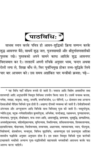 * ÿ„U ÁﬂÁœ ÿ„UÊ° ‚¢ÁˇÊåÃ M§¬‚ ŒË ¡ÊÃË „ÒU– Ÿﬂ⁄UÊòÊ •ÊÁŒ Áﬂ‡Ê· •ﬂ‚⁄UÊ¥¬⁄U ÃÕÊ
‡ÊÃøá«UË •ÊÁŒ •ŸÈc∆UÊŸÊ¥◊¥ ÁﬂSÃÎÃ ÁﬂÁœ∑§Ê ©U¬ÿÊª Á∑§ÿÊ ¡ÊÃÊ „ÒU– ©U‚◊¥ ÿãòÊSÕ ∑§‹‡Ê,
ªáÊ‡Ê, Ÿﬂª˝„U, ◊ÊÃÎ∑§Ê, ﬂÊSÃÈ, ‚åÃÌ·, ‚åÃÁø⁄¢U¡Ëﬂ, 64 ÿÊÁªŸË, 50 ˇÊòÊ¬Ê‹ ÃÕÊ •ãÿÊãÿ
ŒﬂÃÊ•Ê¥∑§Ë ﬂÒÁŒ∑§ ÁﬂÁœ‚ ¬Í¡Ê „UÊÃË „ÒU– •πá«U ŒË¬∑§Ë √ÿﬂSÕÊ ∑§Ë ¡ÊÃË „ÒU– ŒﬂË¬˝ÁÃ◊Ê∑§Ë
•¢ªãÿÊ‚ •ÊÒ⁄U •ÇãÿÈûÊÊ⁄UáÊ •ÊÁŒ ÁﬂÁœ∑§ ‚ÊÕ ÁﬂÁœﬂÃ˜Ô ¬Í¡Ê ∑§Ë ¡ÊÃË „ÒU– ŸﬂŒÈªÊ¸¬Í¡Ê,
ÖÿÊÁÃ—¬Í¡Ê, ﬂ≈ÈU∑§-ªáÊ‡ÊÊÁŒ‚Á„UÃ ∑È§◊Ê⁄UË¬Í¡Ê, •Á÷·∑§, ŸÊãŒËüÊÊh, ⁄UˇÊÊ’ãœŸ, ¬ÈáÿÊ„UﬂÊøŸ,
◊¢ª‹¬Ê∆U, ªÈL§¬Í¡Ê, ÃËÕÊ¸ﬂÊ„UŸ, ◊ãòÊ-SŸÊŸ •ÊÁŒ, •Ê‚Ÿ‡ÊÈÁh, ¬˝ÊáÊÊÿÊ◊, ÷ÍÃ‡ÊÈÁh, ¬˝ÊáÊ¬˝ÁÃc∆UÊ,
•ãÃ◊Ê¸ÃÎ∑§ÊãÿÊ‚, ’Á„U◊Ê¸ÃÎ∑§ÊãÿÊ‚, ‚ÎÁc≈UãÿÊ‚, ÁSÕÁÃãÿÊ‚, ‡ÊÁQ§∑§‹ÊãÿÊ‚, Á‡Êﬂ∑§‹ÊãÿÊ‚,
NUŒÿÊÁŒãÿÊ‚, ·Ê…UÊãÿÊ‚, Áﬂ‹Ê◊ãÿÊ‚, ÃûﬂãÿÊ‚, •ˇÊ⁄UãÿÊ‚, √ÿÊ¬∑§ãÿÊ‚, äÿÊŸ, ¬Ë∆U¬Í¡Ê,
Áﬂ‡Ê·ÊÉÿ¸, ˇÊòÊ∑§Ë‹Ÿ, ◊ãòÊ¬Í¡Ê, ÁﬂÁﬂœ ◊Èº˝ÊÁﬂÁœ, •Êﬂ⁄UáÊ¬Í¡Ê ∞ﬂ¢ ¬˝œÊŸ¬Í¡Ê •ÊÁŒ∑§Ê
‡ÊÊSòÊËÿ ¬hÁÃ∑§ •ŸÈ‚Ê⁄U •ŸÈc∆UÊŸ „UÊÃÊ „ÒU– ß‚ ¬˝∑§Ê⁄U ÁﬂSÃÎÃ ÁﬂÁœ‚ ¬Í¡Ê ∑§⁄UŸ∑§Ë
ßë¿UÊﬂÊ‹ ÷Q§Ê¥∑§Ê •ãÿÊãÿ ¬Í¡Ê-¬hÁÃÿÊ¥∑§Ë ‚„UÊÿÃÊ‚ ÷ªﬂÃË∑§Ë •Ê⁄UÊœŸÊ ∑§⁄U∑§ ¬Ê∆U
•Ê⁄Uê÷ ∑§⁄UŸÊ øÊÁ„Uÿ–
¬Ê∆UÁﬂÁœ—*
‚Êœ∑§ SŸÊŸ ∑§⁄U∑§ ¬ÁﬂòÊ „UÊ •Ê‚Ÿ-‡ÊÈÁh∑§Ë Á∑˝§ÿÊ ‚ê¬ãŸ ∑§⁄U∑§
‡ÊÈh •Ê‚Ÿ¬⁄U ’Ò∆U; ‚ÊÕ◊¥ ‡ÊÈh ¡‹, ¬Í¡Ÿ‚Ê◊ª˝Ë •ÊÒ⁄U üÊËŒÈªÊ¸‚åÃ‡ÊÃË∑§Ë
¬ÈSÃ∑§ ⁄Uπ– ¬ÈSÃ∑§∑§Ê •¬Ÿ ‚Ê◊Ÿ ∑§Êc∆U •ÊÁŒ∑§ ‡ÊÈh •Ê‚Ÿ¬⁄U
Áﬂ⁄UÊ¡◊ÊŸ ∑§⁄U Œ– ‹‹Ê≈U◊¥ •¬ŸË L§Áø∑§ •ŸÈ‚Ê⁄U ÷S◊, øãŒŸ •ÕﬂÊ
⁄UÊ‹UË ‹ªÊ ‹, Á‡ÊπÊ ’Ê°œ ‹; Á»§⁄U ¬ÍﬂÊ¸Á÷◊Èπ „UÊ∑§⁄U Ãûﬂ-‡ÊÈÁh∑§ Á‹ÿ
øÊ⁄U ’Ê⁄U •Êø◊Ÿ ∑§⁄U– ©U‚ ‚◊ÿ •ª˝Ê¢Á∑§Ã øÊ⁄U ◊ãòÊÊ¥∑§Ê ∑˝§◊‡Ê— ¬…∏Uó
 