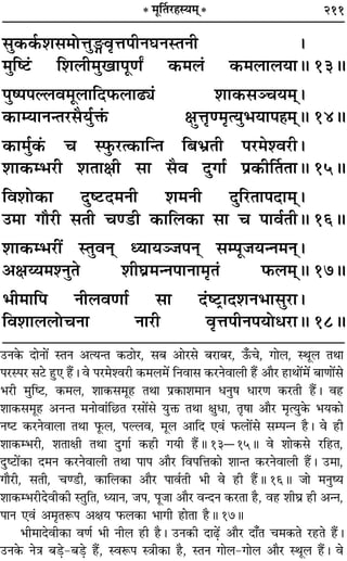 211* ◊ÍÌÃ⁄U„Sÿ◊˜˜*
‚È∑§∑¸§‡Ê‚◊ÙûÊÈXﬂÎûÊ¬ËŸÉÊŸSÃŸË –
◊ÈÁc≈¢U Á‡Ê‹Ë◊ÈπÊ¬ÍáÊZ ∑§◊‹¢ ∑§◊‹Ê‹ÿÊH 13H
¬Èc¬¬À‹ﬂ◊Í‹ÊÁŒ»§‹Ê…UK¢ ‡ÊÊ∑§‚Üøÿ◊˜˜–
∑§ÊêÿÊŸãÃ⁄U‚ÒÿÈ¸Q¢§ ˇÊÈûÊÎá◊ÎàÿÈ÷ÿÊ¬„Ô◊˜˜H 14H
∑§Ê◊È¸∑¥§ ø S»È§⁄Uà∑§ÊÁãÃ Á’÷˝ÃË ¬⁄U◊‡ﬂ⁄UË–
‡ÊÊ∑§ê÷⁄UË ‡ÊÃÊˇÊË ‚Ê ‚Òﬂ ŒÈªÊ¸ ¬˝∑§ËÌÃÃÊH 15H
Áﬂ‡ÊÙ∑§Ê ŒÈc≈UŒ◊ŸË ‡Ê◊ŸË ŒÈÁ⁄UÃÊ¬ŒÊ◊˜˜–
©U◊Ê ªı⁄UË ‚ÃË øá«UË ∑§ÊÁ‹∑§Ê ‚Ê ø ¬Êﬂ¸ÃËH 16H
‡ÊÊ∑§ê÷⁄UË¥ SÃÈﬂŸ˜ äÿÊÿÜ¡¬Ÿ˜ ‚ê¬Í¡ÿãŸ◊Ÿ˜–
•ˇÊƒÿ◊‡ŸÈÃ ‡ÊËÉÊ˝◊ãŸ¬ÊŸÊ◊ÎÃ¢ »§‹◊˜˜H 17H
÷Ë◊ÊÁ¬ ŸË‹ﬂáÊÊ¸ ‚Ê Œ¢c≈U˛ÊŒ‡ÊŸ÷Ê‚È⁄UÊ–
Áﬂ‡ÊÊ‹‹ÙøŸÊ ŸÊ⁄UË ﬂÎûÊ¬ËŸ¬ÿÙœ⁄UÊH 18H
©UŸ∑§ ŒÊŸÊ¥ SÃŸ •àÿãÃ ∑§∆UÊ⁄U, ‚’ •Ê⁄U‚ ’⁄UÊ’⁄U, ™°§ø, ªÊ‹, SÕÍ‹ ÃÕÊ
¬⁄US¬⁄U ‚≈U „ÈU∞ „Ò¥U– ﬂ ¬⁄U◊‡ﬂ⁄UË ∑§◊‹◊¥ ÁŸﬂÊ‚ ∑§⁄UŸﬂÊ‹Ë „Ò¥U •ÊÒ⁄U „UÊÕÊ¥◊¥ ’ÊáÊÊ¥‚
÷⁄UË ◊ÈÁc≈U, ∑§◊‹, ‡ÊÊ∑§‚◊Í„U ÃÕÊ ¬˝∑§Ê‡Ê◊ÊŸ œŸÈ· œÊ⁄UáÊ ∑§⁄UÃË „Ò¥U– ﬂ„U
‡ÊÊ∑§‚◊Í„U •ŸãÃ ◊ŸÊﬂÊ¢Á¿UÃ ⁄U‚Ê¥‚ ÿÈQ§ ÃÕÊ ˇÊÈœÊ, ÃÎ·Ê •ÊÒ⁄U ◊ÎàÿÈ∑§ ÷ÿ∑§Ê
Ÿc≈U ∑§⁄UŸﬂÊ‹Ê ÃÕÊ »Í§‹, ¬À‹ﬂ, ◊Í‹ •ÊÁŒ ∞ﬂ¢ »§‹Ê¥‚ ‚ê¬ãŸ „ÒU– ﬂ „UË
‡ÊÊ∑§ê÷⁄UË, ‡ÊÃÊˇÊË ÃÕÊ ŒÈªÊ¸ ∑§„UË ªÿË „Ò¥UH 13ó15H ﬂ ‡ÊÊ∑§‚ ⁄UÁ„UÃ,
ŒÈc≈UÊ¥∑§Ê Œ◊Ÿ ∑§⁄UŸﬂÊ‹Ë ÃÕÊ ¬Ê¬ •ÊÒ⁄U Áﬂ¬ÁûÊ∑§Ê ‡ÊÊãÃ ∑§⁄UŸﬂÊ‹Ë „Ò¥U– ©U◊Ê,
ªÊÒ⁄UË, ‚ÃË, øá«UË, ∑§ÊÁ‹∑§Ê •ÊÒ⁄U ¬Êﬂ¸ÃË ÷Ë ﬂ „UË „Ò¥UH 16H ¡Ê ◊ŸÈcÿ
‡ÊÊ∑§ê÷⁄UËŒﬂË∑§Ë SÃÈÁÃ, äÿÊŸ, ¡¬, ¬Í¡Ê •ÊÒ⁄U ﬂãŒŸ ∑§⁄UÃÊ „ÒU, ﬂ„U ‡ÊËÉÊ˝ „UË •ãŸ,
¬ÊŸ ∞ﬂ¢ •◊ÎÃM§¬ •ˇÊÿ »§‹∑§Ê ÷ÊªË „UÊÃÊ „ÒUH 17H
÷Ë◊ÊŒﬂË∑§Ê ﬂáÊ¸ ÷Ë ŸË‹ „UË „ÒU– ©UŸ∑§Ë ŒÊ…∏¥U •ÊÒ⁄U ŒÊ°Ã ø◊∑§Ã ⁄U„UÃ „Ò¥U–
©UŸ∑§ ŸòÊ ’«∏U-’«∏U „Ò¥U, SﬂM§¬ SòÊË∑§Ê „ÒU, SÃŸ ªÊ‹-ªÊ‹ •ÊÒ⁄U SÕÍ‹ „Ò¥U– ﬂ
 