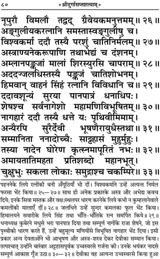 80 *üÊËŒÈªÊ¸‚åÃ‡ÊàÿÊ◊˜*
ŸÍ¬È⁄Uı Áﬂ◊‹ı ÃmŒ˜˜ ª˝Òﬂÿ∑§◊ŸÈûÊ◊◊˜˜H 26H
•«˜U.ªÈ‹Ëÿ∑§⁄UàŸÊÁŸ ‚◊SÃÊSﬂ«˜U.ªÈ‹Ë·È ø–
Áﬂ‡ﬂ∑§◊Ê¸ ŒŒı ÃSÿÒ ¬⁄U‡ÊÈ¢ øÊÁÃÁŸ◊¸‹◊˜˜H 27H
•SòÊÊáÿŸ∑§M§¬ÊÁáÊ ÃÕÊ÷l¢ ø Œ¢‡ÊŸ◊˜˜–
•ê‹ÊŸ¬V¡Ê¢ ◊Ê‹Ê¢ Á‡Ê⁄USÿÈ⁄UÁ‚ øÊ¬⁄UÊ◊˜˜H 28H
•ŒŒÖ¡‹ÁœSÃSÿÒ ¬V¡¢ øÊÁÃ‡ÊÙ÷Ÿ◊˜˜–
Á„U◊ﬂÊŸ˜ ﬂÊ„ÔŸ¢ Á‚¢„¢Ô ⁄UàŸÊÁŸ ÁﬂÁﬂœÊÁŸ øH 29H
ŒŒÊﬂ‡ÊÍãÿ¢ ‚È⁄UÿÊ ¬ÊŸ¬ÊòÊ¢ œŸÊÁœ¬—–
‡Ù·‡ø ‚ﬂ¸ŸÊª‡ÊÙ ◊„ÔÊ◊ÁáÊÁﬂ÷ÍÁ·Ã◊˜˜H 30H
ŸÊª„ÔÊ⁄U¢ ŒŒı ÃSÿÒ œûÊ ÿ— ¬ÎÁÕﬂËÁ◊◊Ê◊˜˜–
•ãÿÒ⁄UÁ¬ ‚È⁄UÒŒ¸ﬂË ÷Í·áÊÒ⁄UÊÿÈœÒSÃÕÊH 31H
‚ê◊ÊÁŸÃÊ ŸŸÊŒÙëøÒ— ‚Ê^„ÔÊ‚¢ ◊È„ÈÔ◊È¸„ÈÔ—–
ÃSÿÊ ŸÊŒŸ ÉÊÙ⁄UáÊ ∑Î§àSŸ◊Ê¬ÍÁ⁄UÃ¢ Ÿ÷—H 32H
•◊ÊÿÃÊÁÃ◊„ÔÃÊ ¬˝ÁÃ‡ÊéŒÙ ◊„ÔÊŸ÷ÍÃ˜˜–
øÈˇÊÈ÷È— ‚∑§‹Ê ‹Ù∑§Ê— ‚◊Èº˝Ê‡ø ø∑§Áê¬⁄H 33H
¬„UŸŸ∑§ Á‹ÿ ⁄UàŸÊ¥∑§Ë ’ŸË •°ªÍÁ∆UÿÊ° ÷Ë ŒË¥– Áﬂ‡ﬂ∑§◊Ê¸Ÿ ©Uã„¥U •àÿãÃ ÁŸ◊¸‹
»§⁄U‚Ê ÷¥≈U Á∑§ÿÊH 25ó27H ‚ÊÕ „UË •Ÿ∑§ ¬˝∑§Ê⁄U∑§ •SòÊ •ÊÒ⁄U •÷l ∑§ﬂø
ÁŒÿ; ßŸ∑§ Á‚ﬂÊ ◊SÃ∑§ •ÊÒ⁄U ﬂˇÊ—SÕ‹¬⁄U œÊ⁄UáÊ ∑§⁄UŸ∑§ Á‹ÿ ∑§÷Ë Ÿ ∑È§ê„U‹ÊŸﬂÊ‹
∑§◊‹Ê¥∑§Ë ◊Ê‹Ê∞° ŒË¥H 28H ¡‹ÁœŸ ©Uã„¥U ‚ÈãŒ⁄U ∑§◊‹∑§Ê »Í§‹ ÷¥≈U Á∑§ÿÊ–
Á„U◊Ê‹ÿŸ ‚ﬂÊ⁄UË∑§ Á‹ÿ Á‚¢„U ÃÕÊ ÷Ê°ÁÃ-÷Ê°ÁÃ∑§ ⁄UàŸ ‚◊Ì¬Ã Á∑§ÿH 29H
œŸÊäÿˇÊ ∑È§’⁄UŸ ◊œÈ‚ ÷⁄UÊ ¬ÊŸ¬ÊòÊ ÁŒÿÊ ÃÕÊ ‚ê¬ÍáÊ¸ ŸÊªÊ¥∑§ ⁄UÊ¡Ê ‡Ê·Ÿ, ¡Ê ß‚
¬ÎâﬂË∑§Ê œÊ⁄UáÊ ∑§⁄UÃ „Ò¥U, ©Uã„¥U ’„ÈU◊ÍÀÿ ◊ÁáÊÿÊ¥‚ Áﬂ÷ÍÁ·Ã ŸÊª„UÊ⁄U ÷¥≈U ÁŒÿÊ– ß‚Ë
¬˝∑§Ê⁄U •ãÿ ŒﬂÃÊ•Ê¥Ÿ ÷Ë •Ê÷Í·áÊ •ÊÒ⁄U •SòÊ-‡ÊSòÊ Œ∑§⁄U ŒﬂË∑§Ê ‚ê◊ÊŸ Á∑§ÿÊ–
Ãà¬‡øÊÃ˜Ô ©Uã„UÊ¥Ÿ ’Ê⁄¢’Ê⁄U •^ÔU„UÊ‚¬Íﬂ¸∑§ ©UìÊSﬂ⁄U‚ ª¡¸ŸÊ ∑§Ë– ©UŸ∑§ ÷ÿ¢∑§⁄U ŸÊŒ‚
‚ê¬ÍáÊ¸ •Ê∑§Ê‡Ê ªÍ°¡ ©U∆UÊH 30ó32H ŒﬂË∑§Ê ﬂ„U •àÿãÃ ©UìÊSﬂ⁄U‚ Á∑§ÿÊ „ÈU•Ê
 