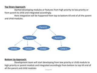 Top Down Approach:
Started developing modules or features from high priority to low priority or
from parent to child and integrated accordingly.
Here integration will be happened from top to bottom till end of all the parent
and child modules.
Bottom Up Approach:
Development team will start developing from low priority or child module to
high priority or parent module and integrated accordingly from bottom to top till end of
all the parent and child modules
Parent1
Parent1 Parent1
Child2Child1 Child3 Child n
Durgasoft
 