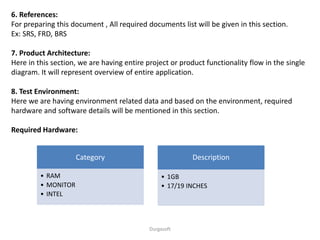6. References:
For preparing this document , All required documents list will be given in this section.
Ex: SRS, FRD, BRS
7. Product Architecture:
Here in this section, we are having entire project or product functionality flow in the single
diagram. It will represent overview of entire application.
8. Test Environment:
Here we are having environment related data and based on the environment, required
hardware and software details will be mentioned in this section.
Required Hardware:
Category
• RAM
• MONITOR
• INTEL
Description
• 1GB
• 17/19 INCHES
Durgasoft
 