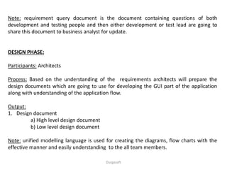 Note: requirement query document is the document containing questions of both
development and testing people and then either development or test lead are going to
share this document to business analyst for update.
DESIGN PHASE:
Participants: Architects
Process: Based on the understanding of the requirements architects will prepare the
design documents which are going to use for developing the GUI part of the application
along with understanding of the application flow.
Output:
1. Design document
a) High level design document
b) Low level design document
Note: unified modelling language is used for creating the diagrams, flow charts with the
effective manner and easily understanding to the all team members.
Durgasoft
 