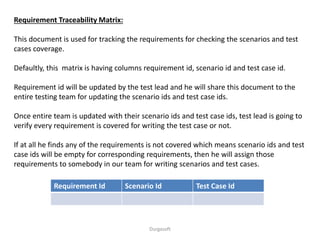 Durgasoft
Requirement Traceability Matrix:
This document is used for tracking the requirements for checking the scenarios and test
cases coverage.
Defaultly, this matrix is having columns requirement id, scenario id and test case id.
Requirement id will be updated by the test lead and he will share this document to the
entire testing team for updating the scenario ids and test case ids.
Once entire team is updated with their scenario ids and test case ids, test lead is going to
verify every requirement is covered for writing the test case or not.
If at all he finds any of the requirements is not covered which means scenario ids and test
case ids will be empty for corresponding requirements, then he will assign those
requirements to somebody in our team for writing scenarios and test cases.
Requirement Id Scenario Id Test Case Id
 