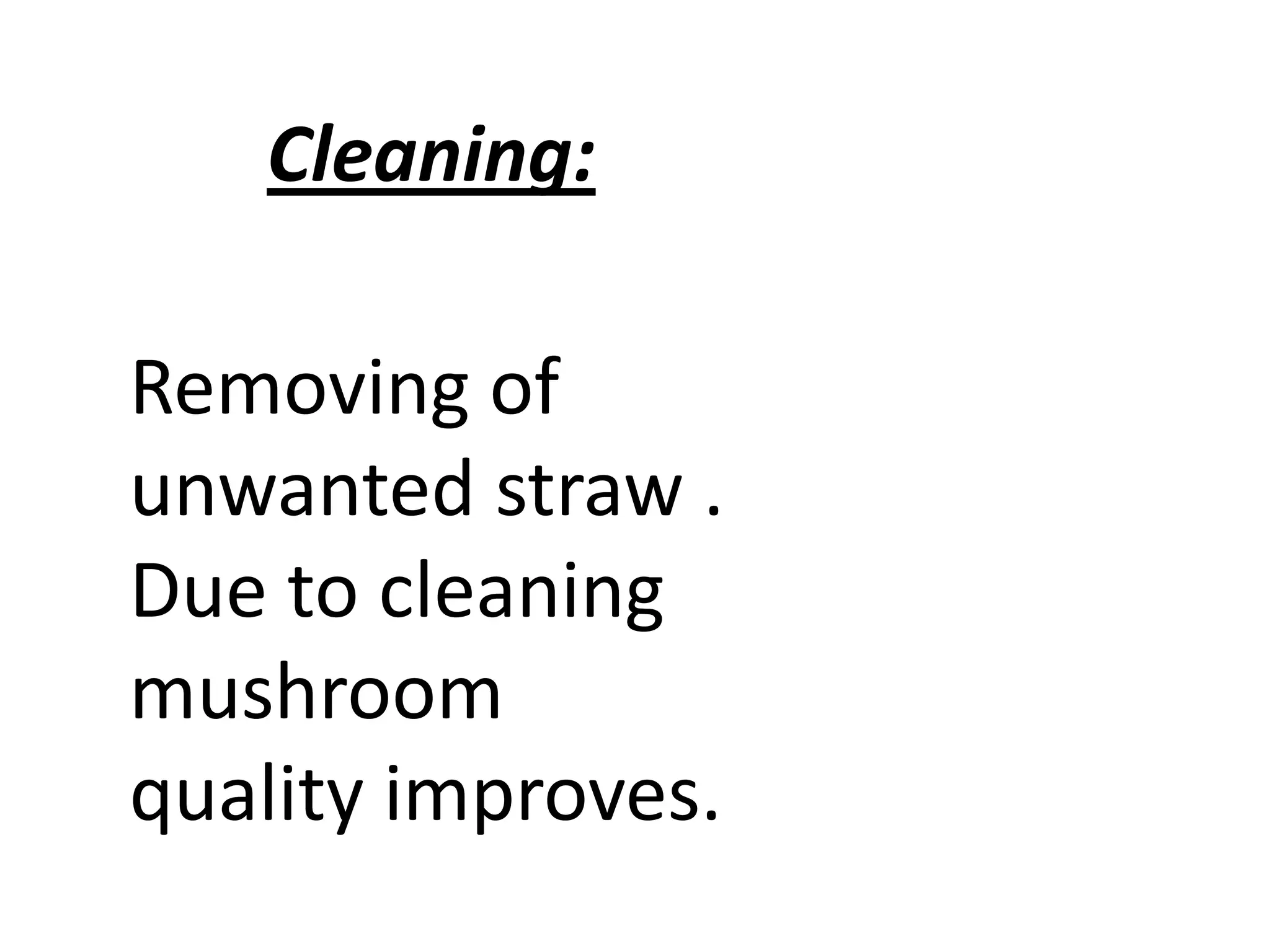 Cleaning:
Removing of
unwanted straw .
Due to cleaning
mushroom
quality improves.

 