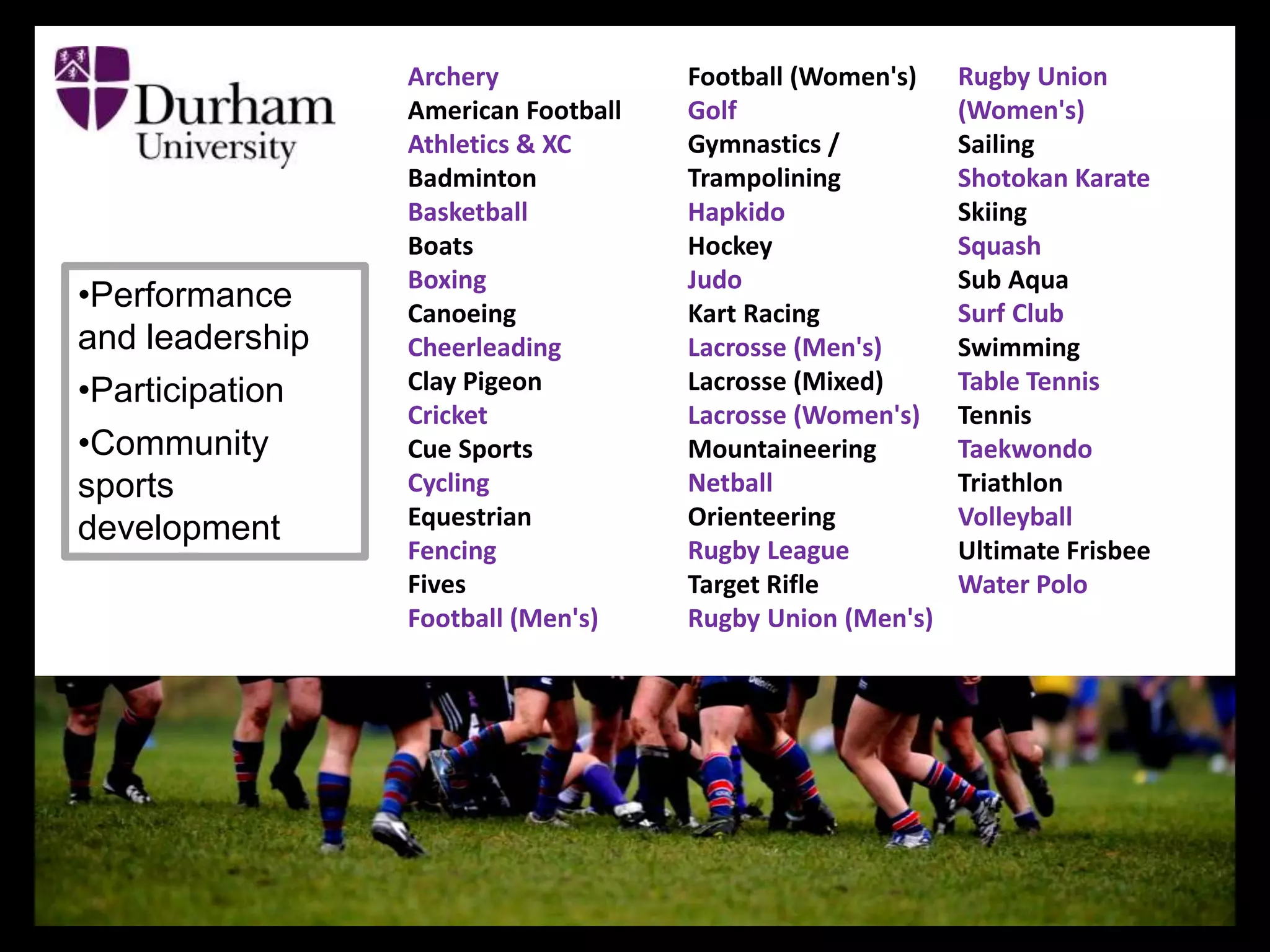 Archery
American Football
Athletics & XC
Badminton
Basketball
Boats
Boxing
Canoeing
Cheerleading
Clay Pigeon
Cricket
Cue Sports
Cycling
Equestrian
Fencing
Fives
Football (Men's)
Football (Women's)
Golf
Gymnastics /
Trampolining
Hapkido
Hockey
Judo
Kart Racing
Lacrosse (Men's)
Lacrosse (Mixed)
Lacrosse (Women's)
Mountaineering
Netball
Orienteering
Rugby League
Target Rifle
Rugby Union (Men's)
Rugby Union
(Women's)
Sailing
Shotokan Karate
Skiing
Squash
Sub Aqua
Surf Club
Swimming
Table Tennis
Tennis
Taekwondo
Triathlon
Volleyball
Ultimate Frisbee
Water Polo
•Performance
and leadership
•Participation
•Community
sports
development
 