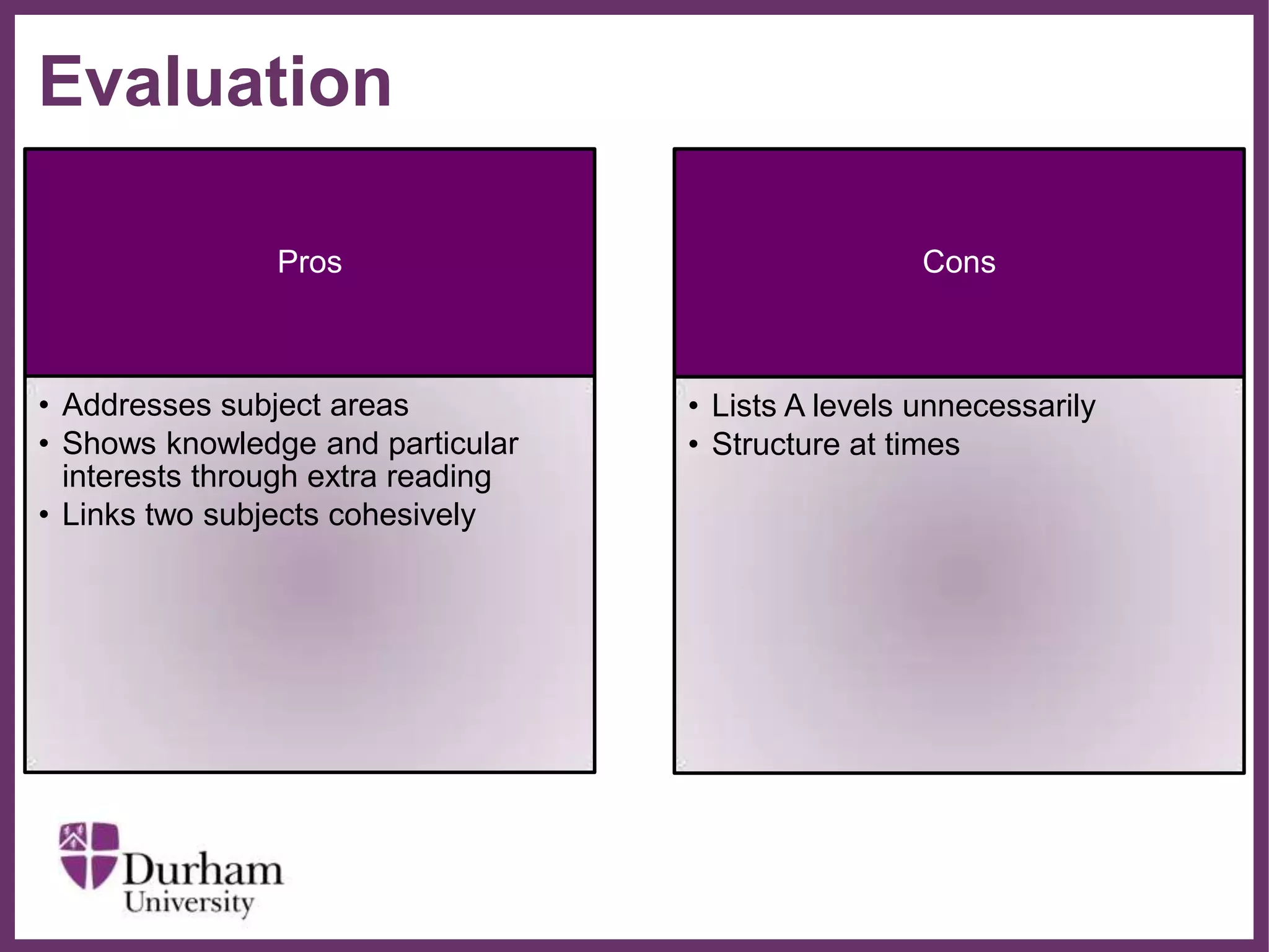∂
Evaluation
Pros
• Addresses subject areas
• Shows knowledge and particular
interests through extra reading
• Links two subjects cohesively
Cons
• Lists A levels unnecessarily
• Structure at times
 