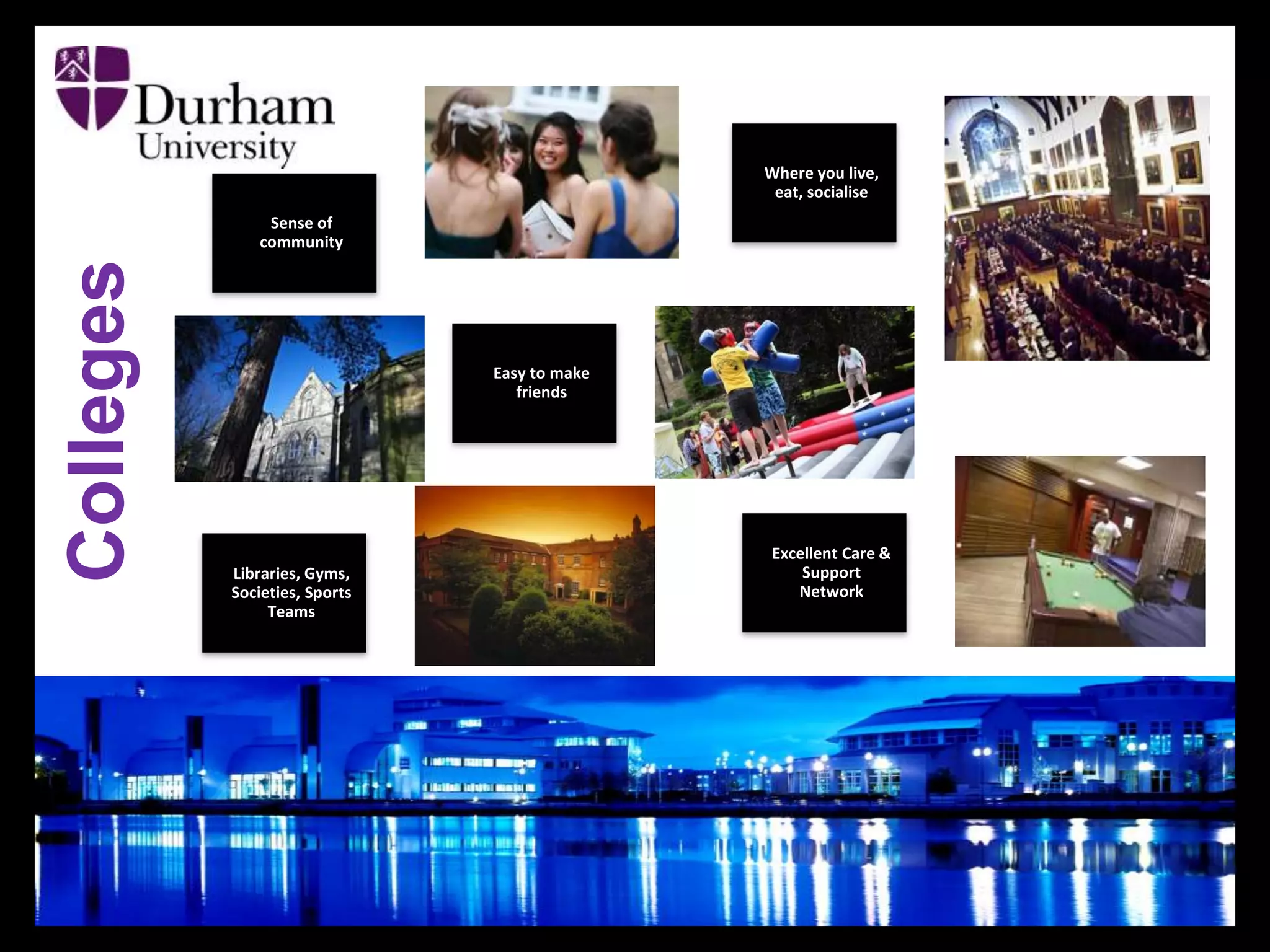 Libraries, Gyms,
Societies, Sports
Teams
Excellent Care &
Support
Network
Sense of
community
Easy to make
friends
Where you live,
eat, socialise
Colleges
 